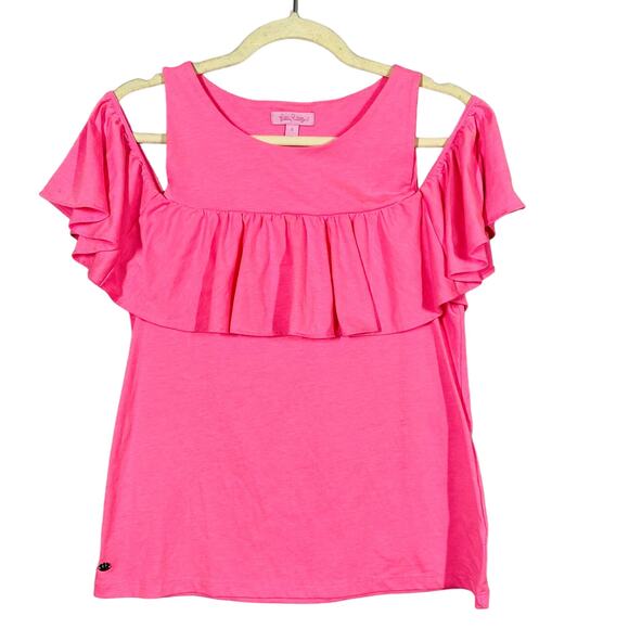 Lilly Pulitzer Ruffled Cold Shoulder Top Blouse Tee Pink - S - Picture 1 of 4